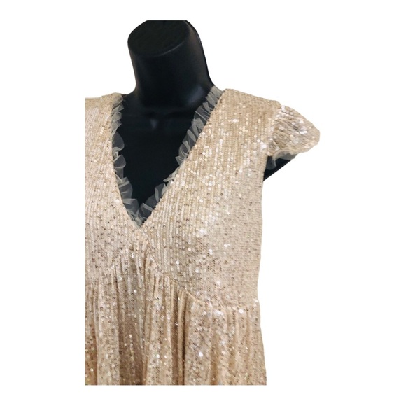 Gold shimmery sequin lace trim v-neck babydoll swing tent dress size medium new - Picture 7 of 16